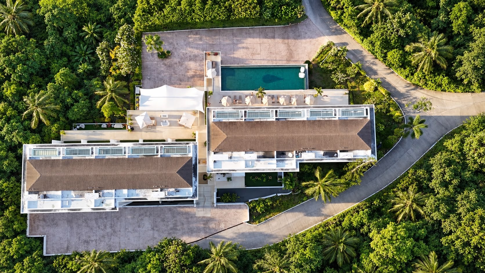 CODE from directly above — both wings, the infinity pool and the cafe terrace, set into the coconut palms