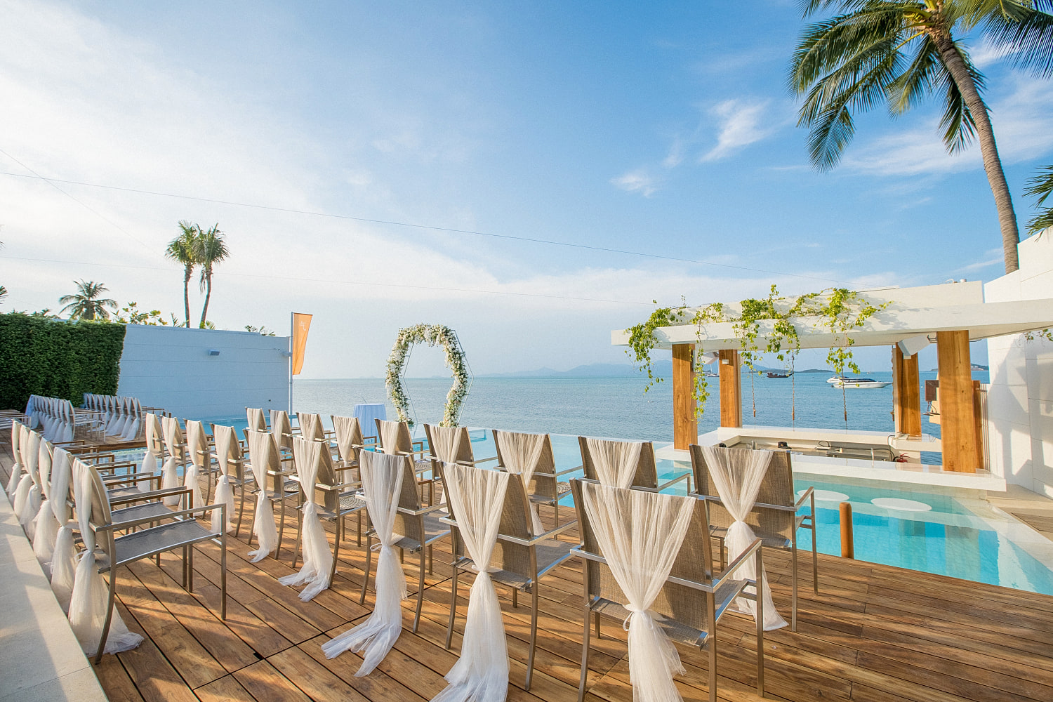 Ceremony set up with the sea beyond